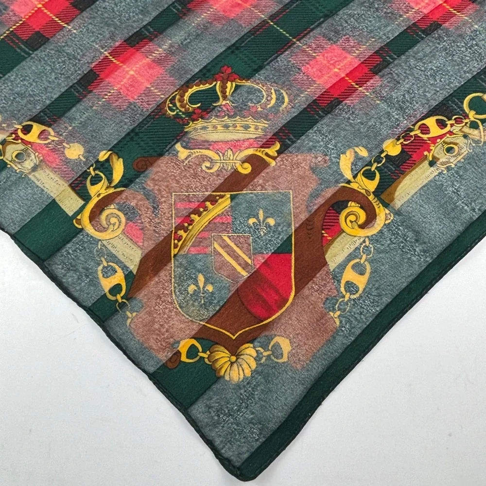 Vtg Heraldic Crest Plaid Scarf Women OS Green Red Square Silk-y Royalcore Preppy